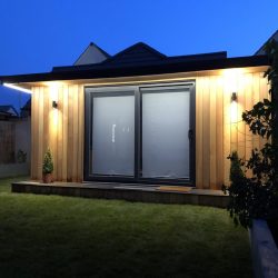 Vivid Pods, Garden pod photograph during the night showing exterior lighting