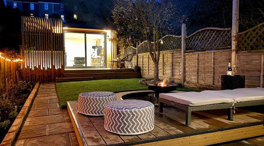 Swindon fully landscaped garden studio with decking, fire pit and pergola